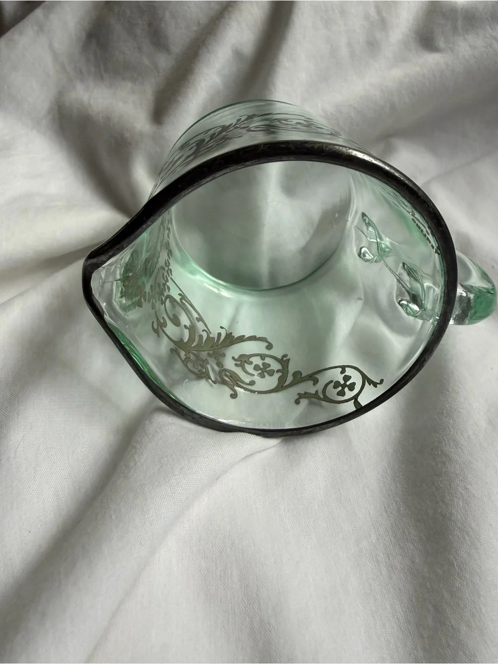 Vintage Green Glass Creamer Pitcher with sterling Silver Filigree